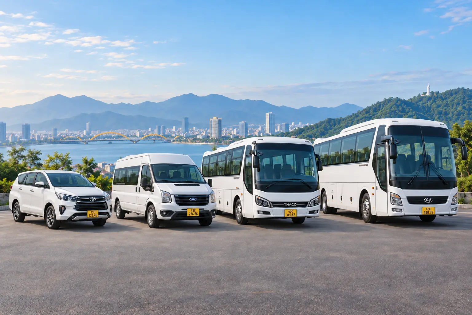 Đội xe du lịch Hoàng Trần gồm xe 7, 16, 29 và 45 chỗ biển vàng 43C tại Đà Nẵng